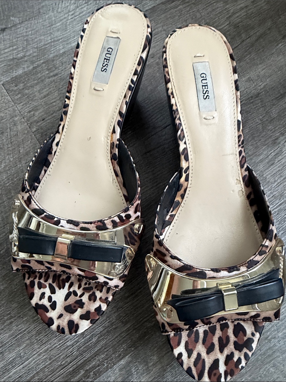 GUESS Leopard Print Open-Toe Mules with Gold Accent